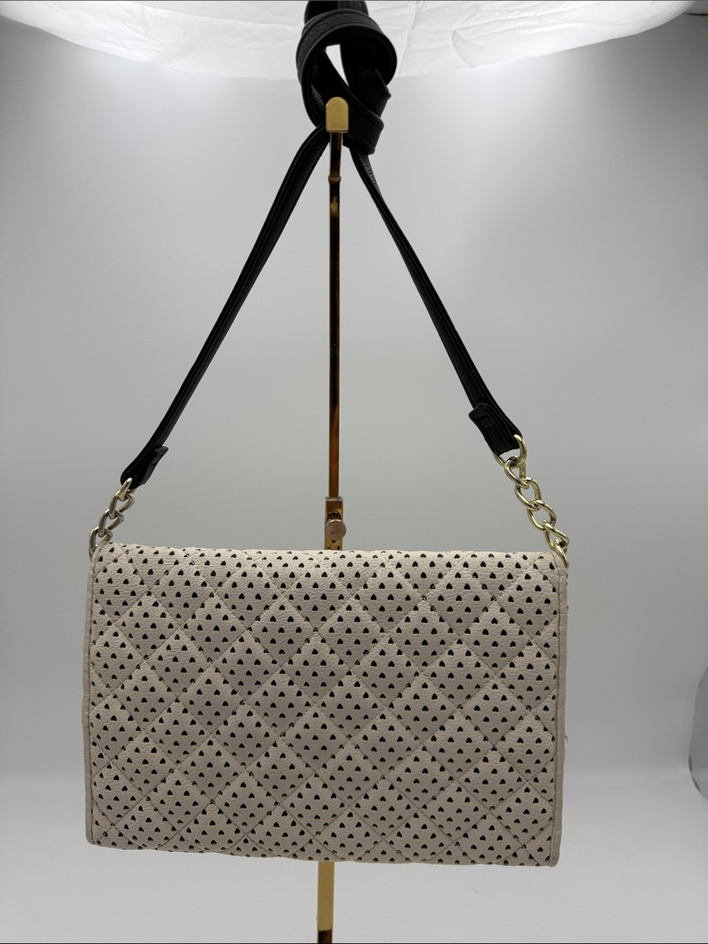 Betsey Johnson Cream Quilted Shoulder Bag with Black Strap & Gold Hardware - Picture 2 of 10
